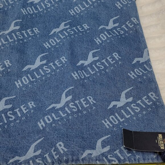 Hollister Denim Drawstring Backpack Cinch Bag Blue Logo Print Y2K - Picture 3 of 7